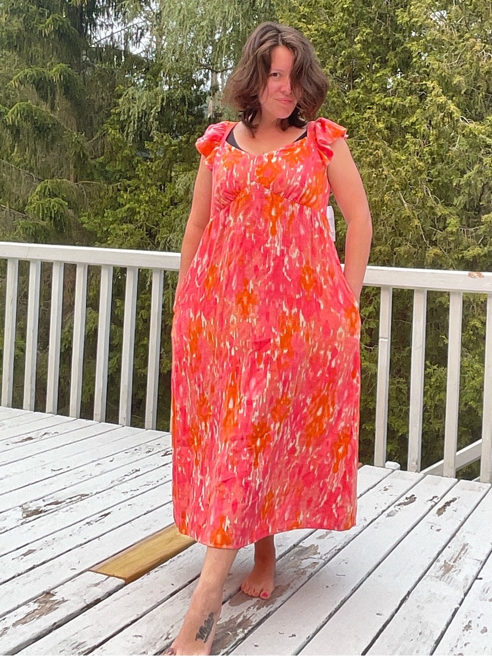 Time and Tru Pink Orange Floral Maxi Dress Adjustable Straps Pockets 8-10 cotton - Picture 4 of 11